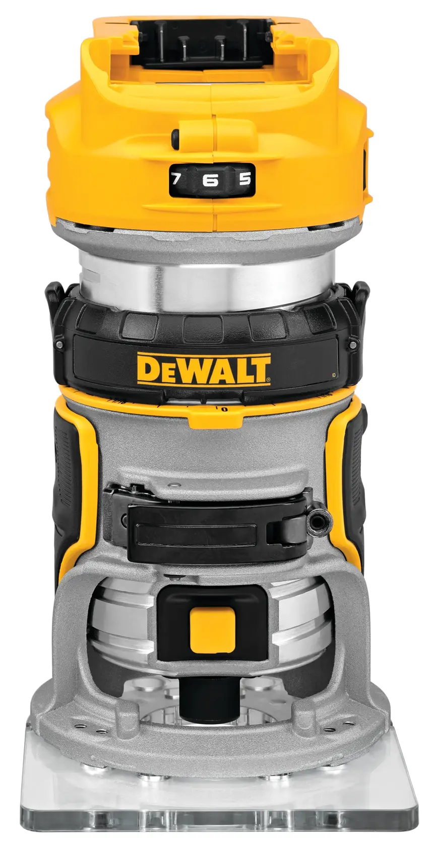 DEWALT DCW600B 20V MAX XR cordless compact router, tool-only, yellow and black fixed base router, front view