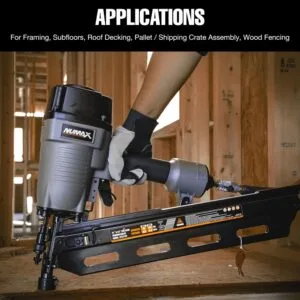 NuMax SFR2190 framing nailer in use on a residential framing job, driving nails into wall studs